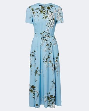 Monique Lhuillier Floral Belted Midi Dress - Blue
