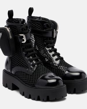 Prada Schnuerstiefel Aus Mesh Und Leder - Schwarz