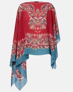 Etro Asymmetrical Floral Silk Crepe Poncho - Red