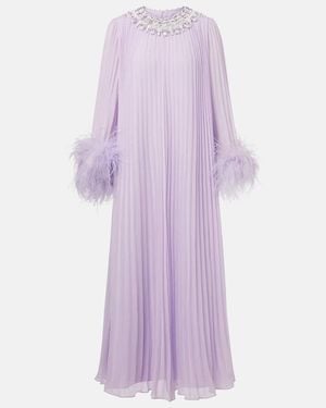 Self-Portrait Feather-Trimmed Plisse Chiffon Maxi Dress - Purple