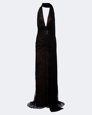 De La Vali Amora Gathered Open-Back Lace Tulle Gown - Black