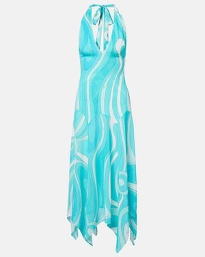 PUCCI Printed Silk Twill-Trimmed Crepe-Jersey Halterneck Midi Dress - Blue