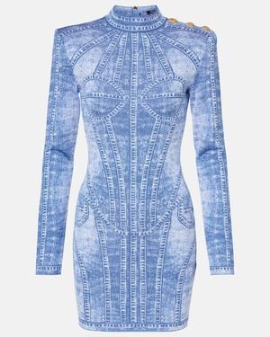 Balmain Jacquard Denim-Effect Mini Dress - Blue