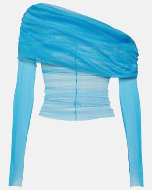 Christopher Esber Ruched Off-Shoulder Silk Top - Blue