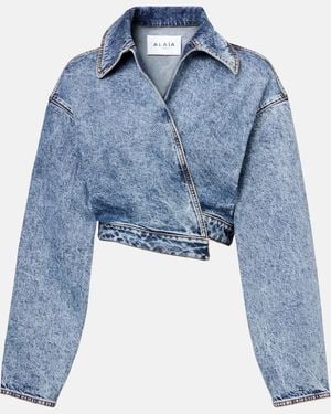 Alaïa Asymmetric Cropped Denim Jacket - Blue