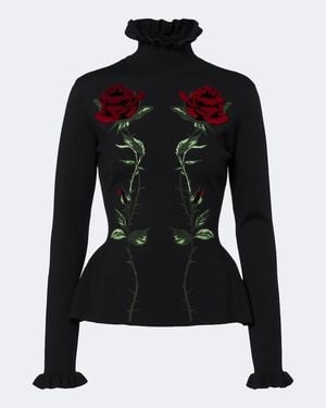 Blumarine Embroidered Ruffled Virgin Wool Jumper - Black