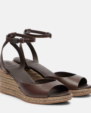 Brunello Cucinelli Bead-Embellished Leather Wedge Espadrilles - Brown