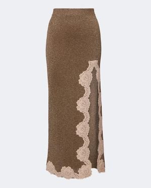 Valentino Lace-Trimmed Ribbed-Knit Lame Midi Skirt - Brown