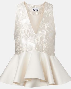 Ganni Peplum Satin Cloque Top - White