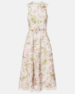 Monique Lhuillier Vestido Midi De Encaje Floral Con Cinturon - Neutro