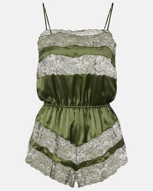 Saint Laurent Mono De Saten De Seda Con Encaje - Verde