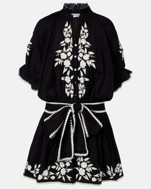 Juliet Dunn Belted Cotton And Linen Minidress - Black