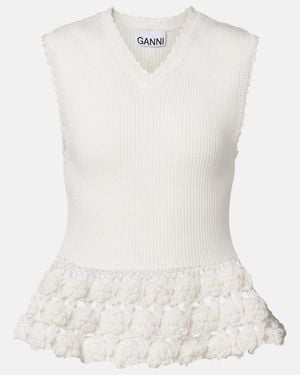 Ganni Crochet-Trimmed Ribbed Cotton-Blend Top - White