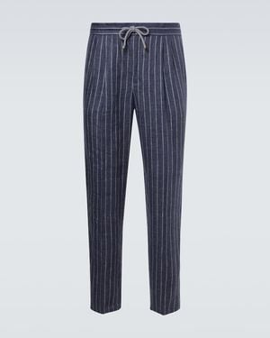 Brunello Cucinelli Striped Linen Straight Trousers - Blue