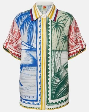 FARM Rio Brasil Vintage Crochet-Trimmed Printed Linen-Blend Shirt - Blue