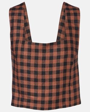 Asceno Checked Linen Top - Brown