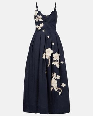Agua Bendita Sula Floral-Applique Linen Maxi Dress - Blue