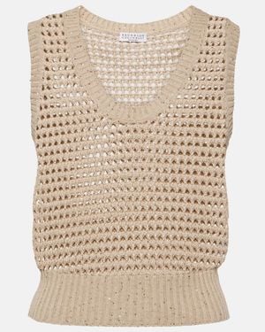 Brunello Cucinelli Sequined Open-Knit Cotton-Blend Vest - Natural