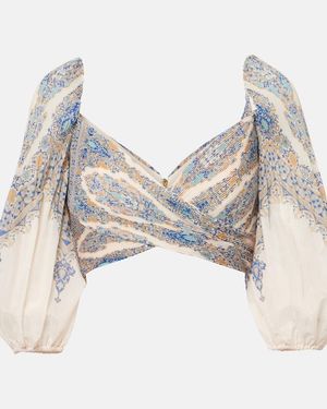 Zimmermann Paisley Puff-Sleeve Crop Top - White