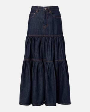 Saint Laurent Falda Midi De Denim Escalonada - Azul