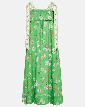 ALÉMAIS Shirred Printed Linen Midi Dress - Green