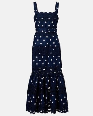 Self-Portrait Polka-Dot Linen And Cotton Midi Dress - Blue
