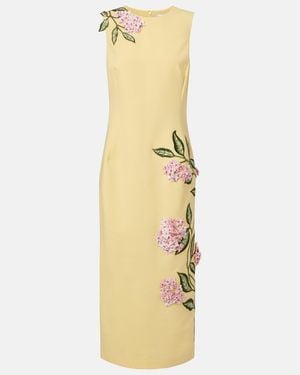 Oscar de la Renta Floral-Applique Wool-Blend Midi Dress - Metallic