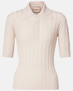 Plan C Ribbed-Knit Wool Polo Shirt - White