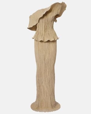 Marmar Halim One-Shoulder Pleated Taffeta Gown - Natural