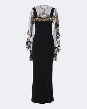 La Fuori Floral Sequined Caped Gown - Black