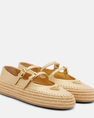 Prada Metallic Leather And Raffia Ballet Flats - Natural