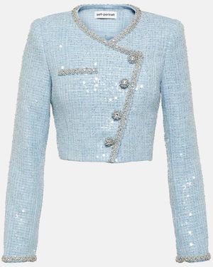 Self-Portrait Cropped Sequin Boucle Blazer - Blue
