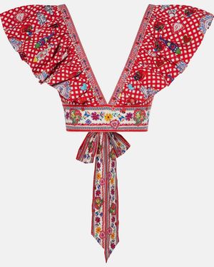 CAMILLA Printed Ruffled Cotton Top - Red