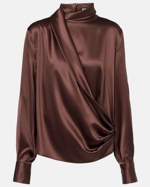 Brunello Cucinelli Draped Silk-Blend Satin Blouse - Brown