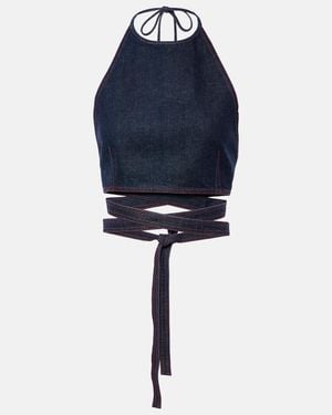 Alaïa Halterneck Denim Crop Top - Blue