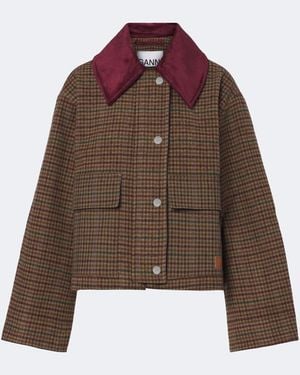 Ganni Checked Wool-Blend Twill Jacket - Brown
