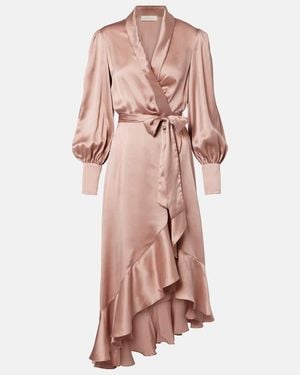 Zimmermann Ruffled Silk Satin Wrap Dress - Pink