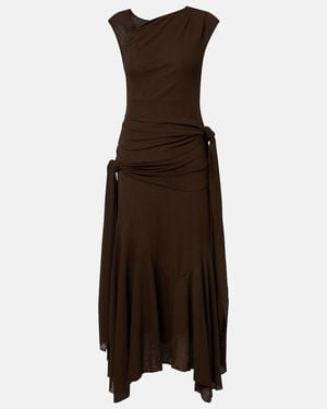 Ganni Asymmetric Draped Mesh Midi Dress - Brown