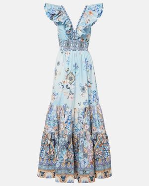 CAMILLA Ruffled Crystal-Embellished Printed Organic Cotton-Poplin Maxi Dress - Blue