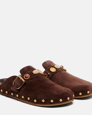 Veronica Beard Fern Embellished Suede Mules - Brown