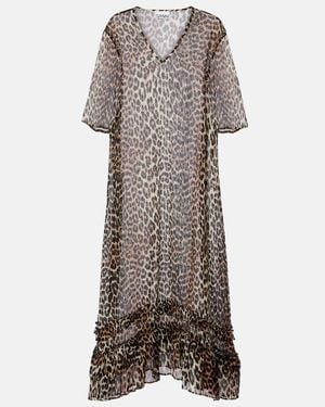 Ganni Leopard-Print Sheer Chiffon Midi Dress - Grey