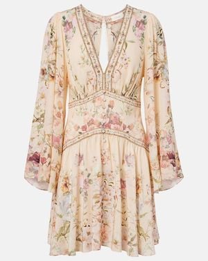 CAMILLA Embellished Floral Silk Minidress - Natural