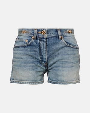 Versace Shorts En Denim De Tiro Medio - Azul