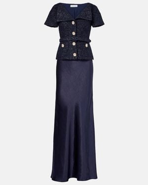 Self-Portrait Embellished Boucle And Satin Maxi Dress - Blue