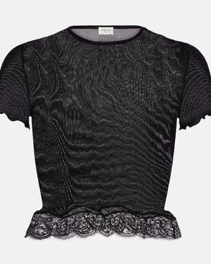 Saint Laurent Cropped Lace-Trimmed Ribbed Silk Top - Black
