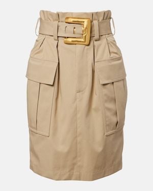 Balmain Belted Cotton Gabardine Midi Skirt - Natural