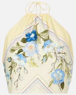 Self-Portrait Floral Linen And Cotton Crop Top - Metallic