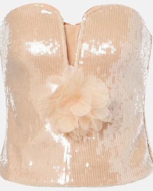 Self-Portrait Floral-Applique Sequined Bustier Top - Natural