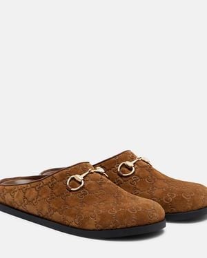Gucci Gg Horsebit Suede Mules - Brown