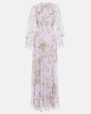 Erdem Chiara Tie-Detailed Cape-Effect Printed Voile Gown - Purple